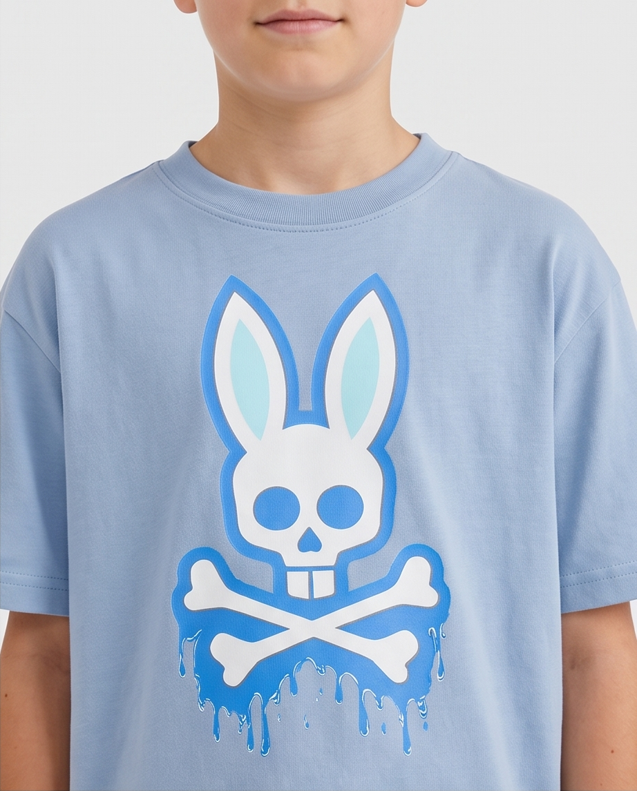 Camiseta Psycho Bunny Drip Bunny Azul Cielo Niños - detalle estampado drip