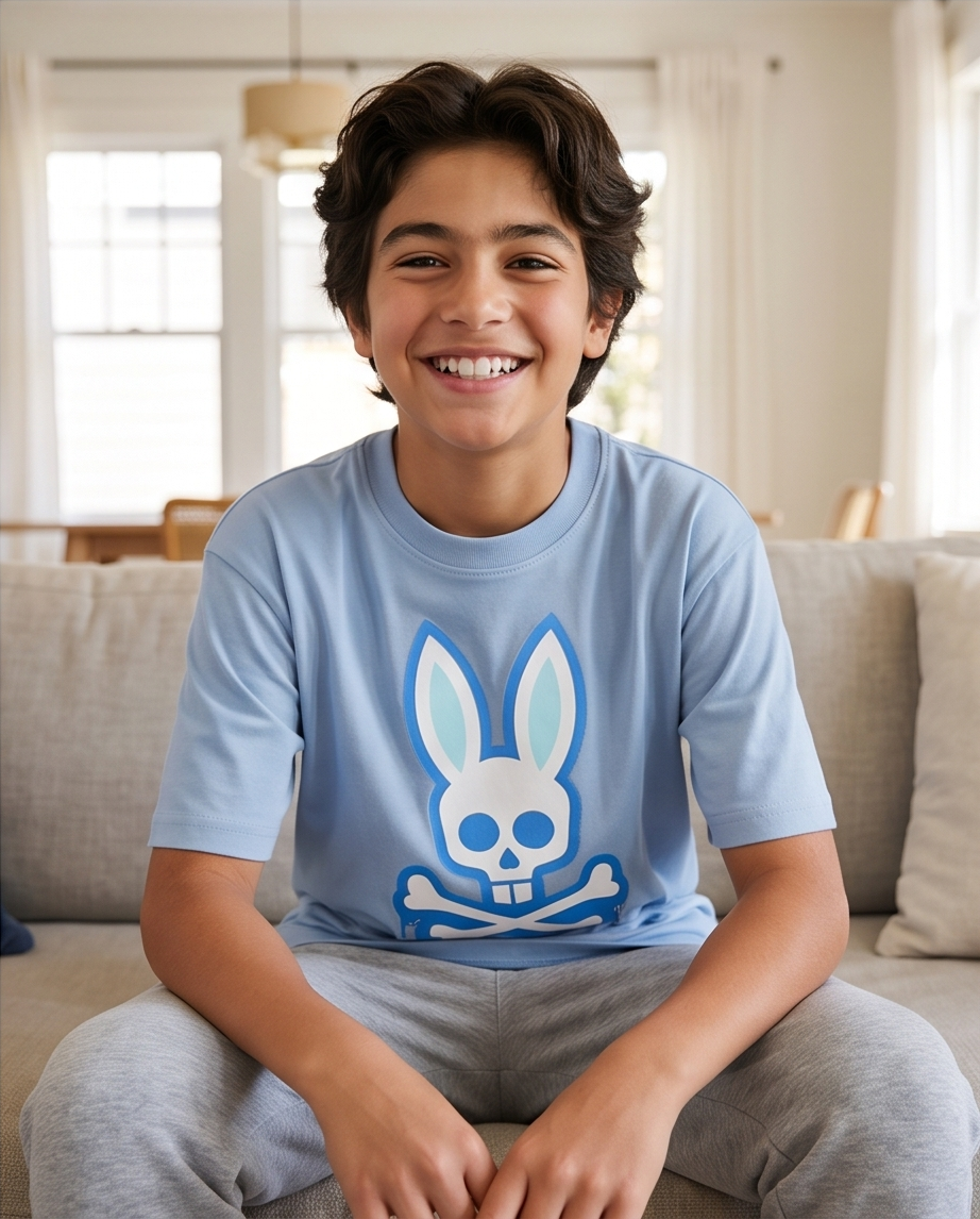 Camiseta Psycho Bunny Drip Bunny Azul Cielo Niños - modelo sentado sonriendo