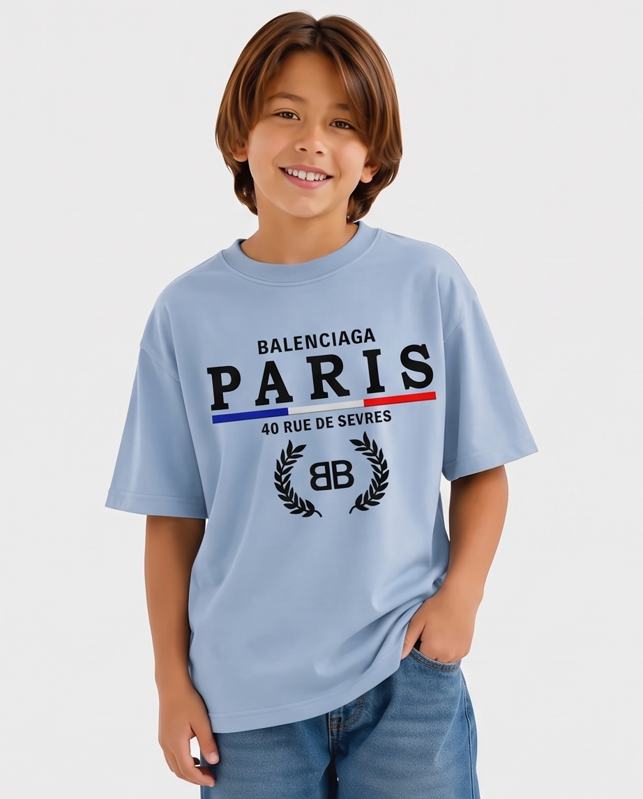 Camiseta Balenciaga Paris 40 Rue De Sevres Azul Cielo Niños - modelo frontal