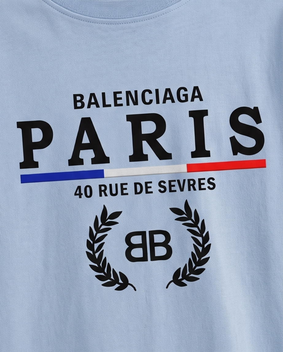 Camiseta Balenciaga Paris 40 Rue De Sevres Azul Cielo Niños - detalle estampado