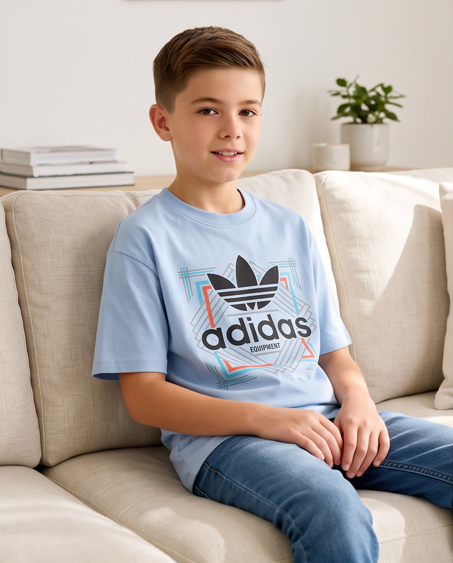 Camiseta Adidas Originals Equipment Geometric Azul Cielo Niños - modelo sentado sofá