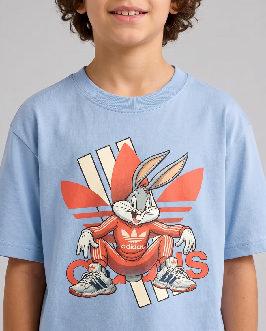 Camiseta Adidas Originals x Bugs Bunny Trefoil Azul Cielo Niños - detalle estampado