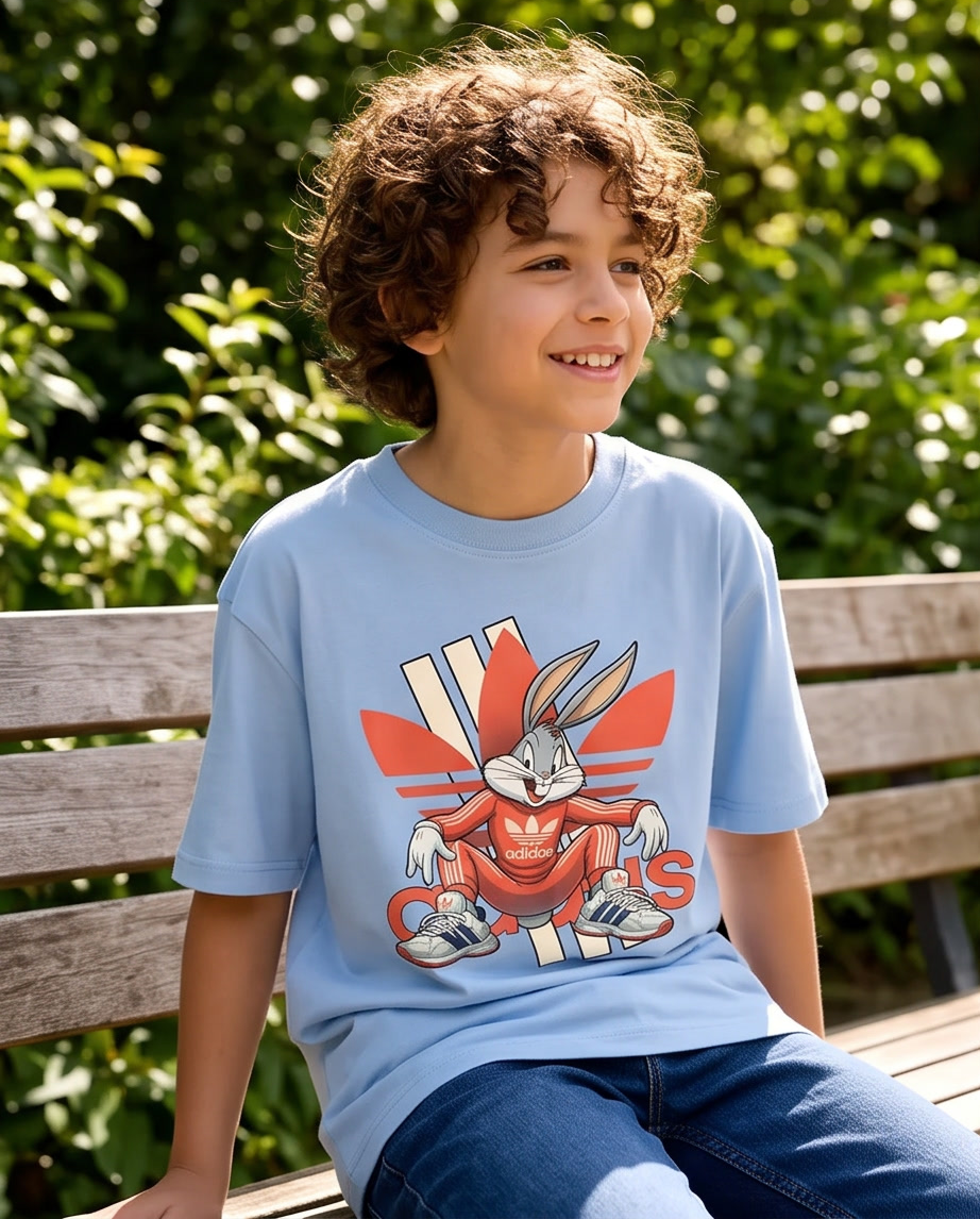 Camiseta Adidas Originals x Bugs Bunny Trefoil Azul Cielo Niños - modelo sentado parque