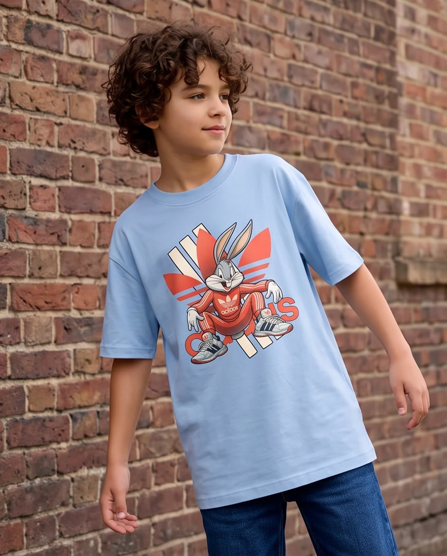 Camiseta Adidas Originals x Bugs Bunny Trefoil Azul Cielo Niños - modelo muro ladrillo