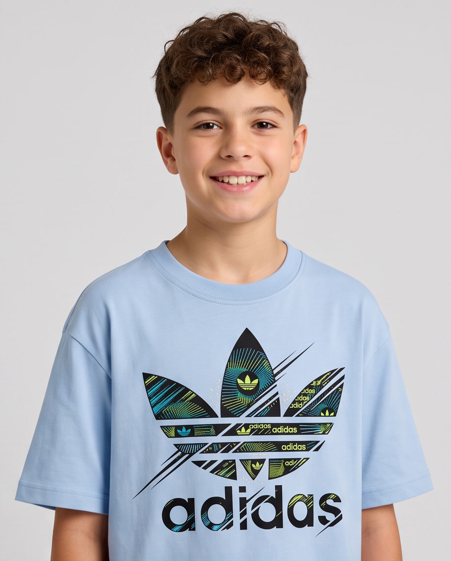 Camiseta Adidas Originals Trefoil Holographic Azul Cielo Niños - modelo frontal retrato