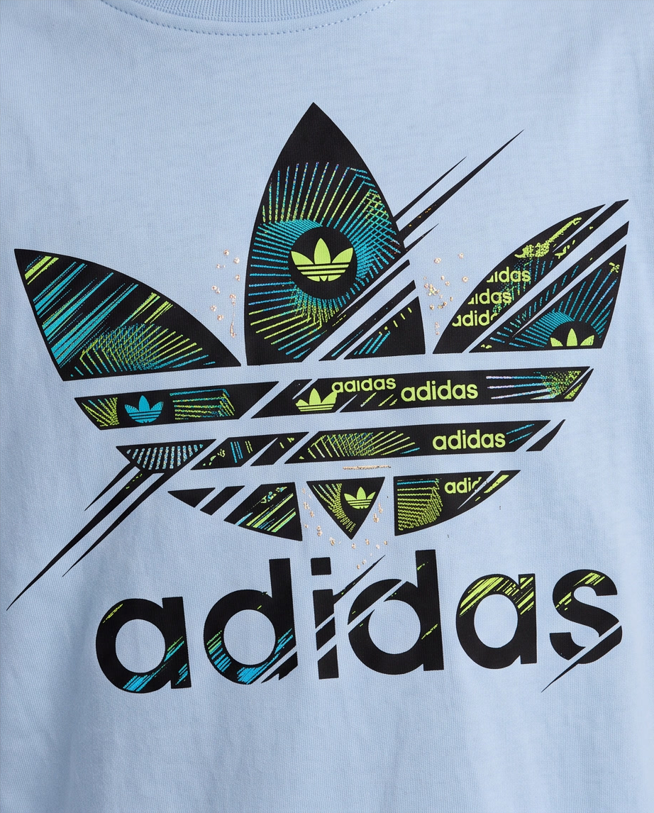 Camiseta Adidas Originals Trefoil Holographic Azul Cielo Niños - detalle estampado macro