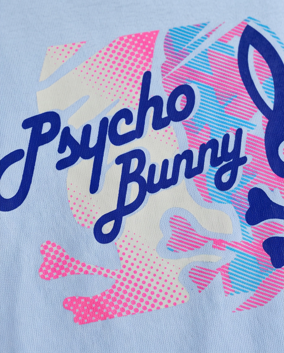 Camiseta Psycho Bunny Camo Halftone Script Azul Cielo Niños - detalle estampado macro