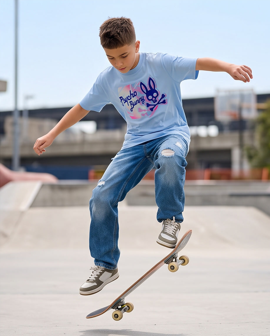 Camiseta Psycho Bunny Camo Halftone Script Azul Cielo Niños - modelo skatepark
