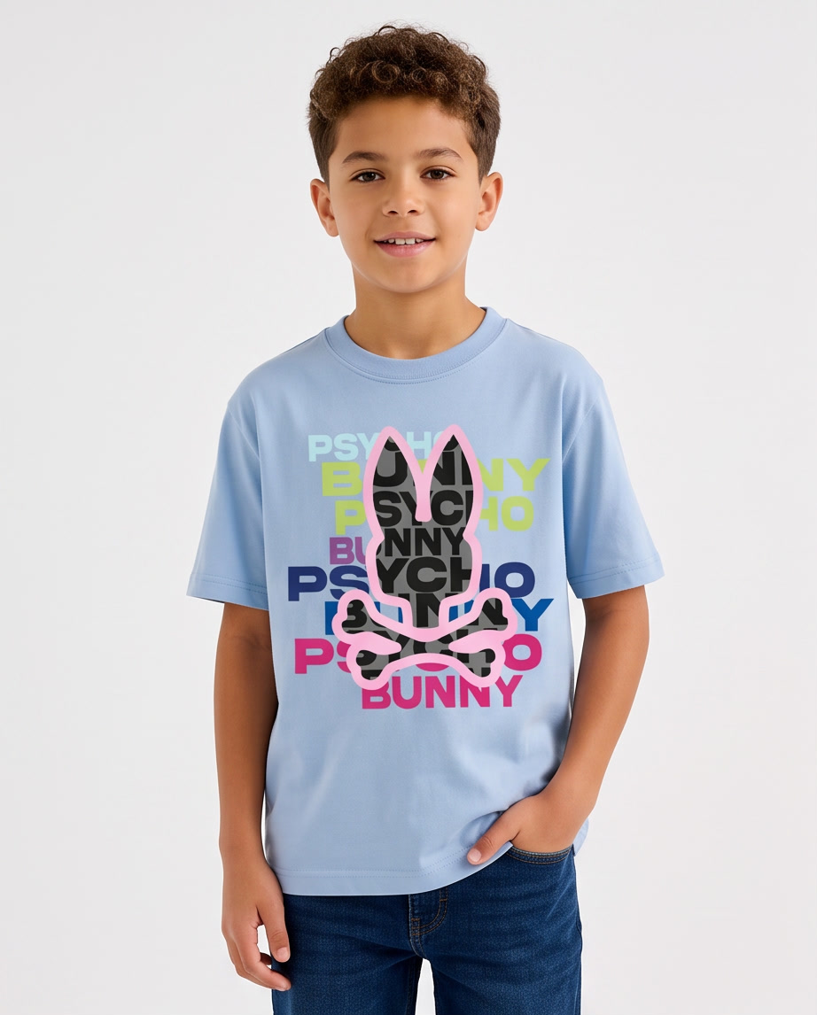Camiseta Psycho Bunny Multicolor Wordmark Fill Azul Cielo Niños - modelo frontal fondo blanco