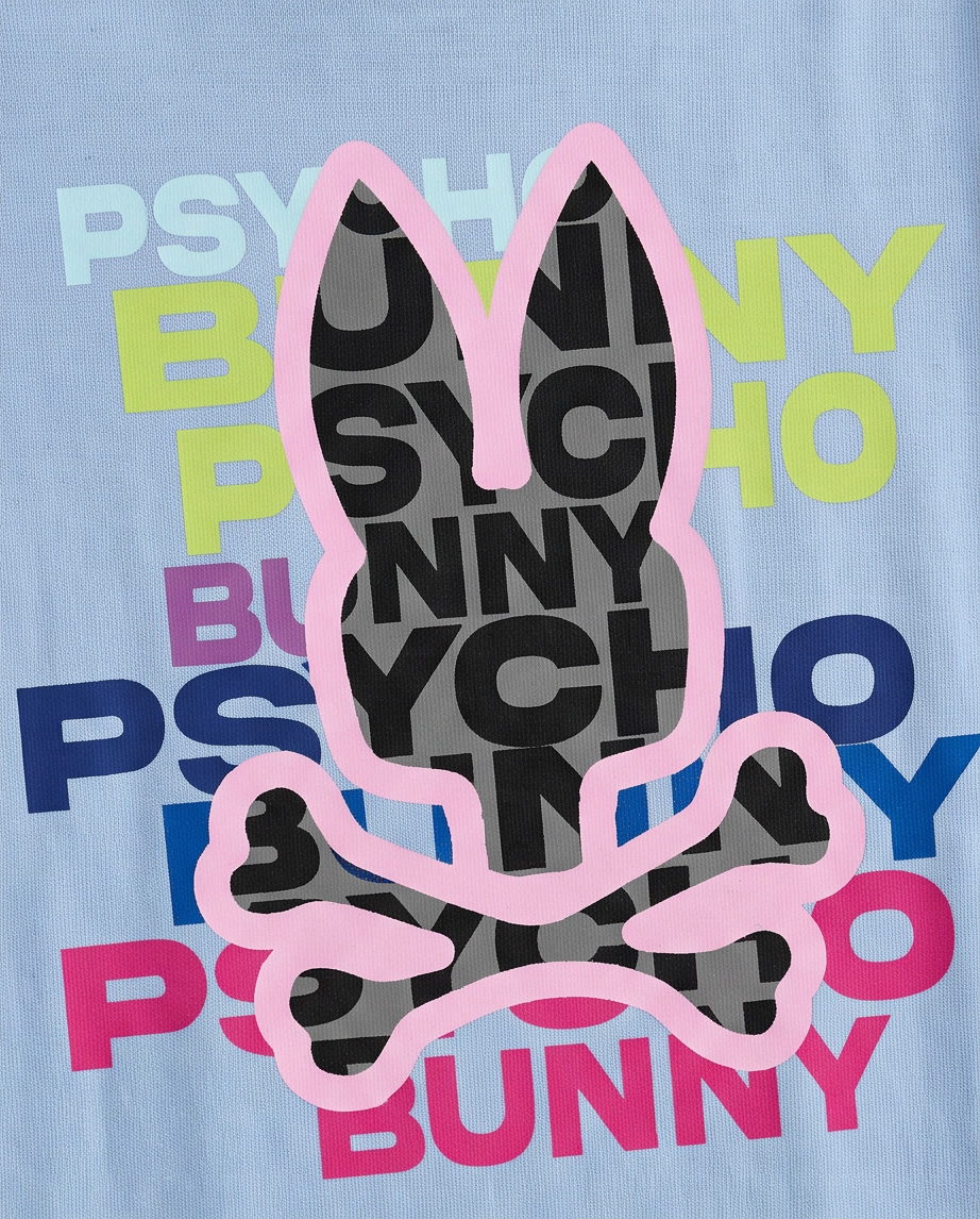 Camiseta Psycho Bunny Multicolor Wordmark Fill Azul Cielo Niños - detalle estampado macro