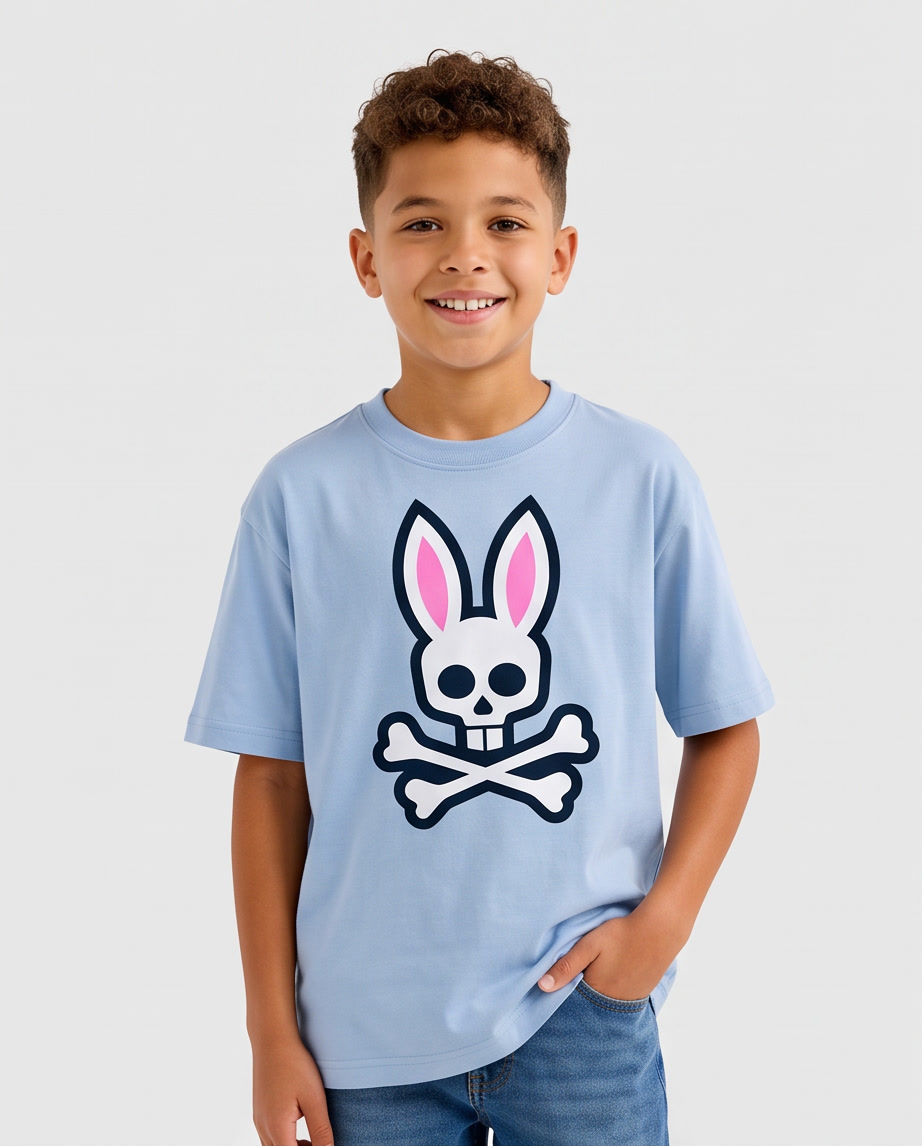 Camiseta Psycho Bunny Classic Logo Big Azul Cielo Niños - modelo frontal fondo gris