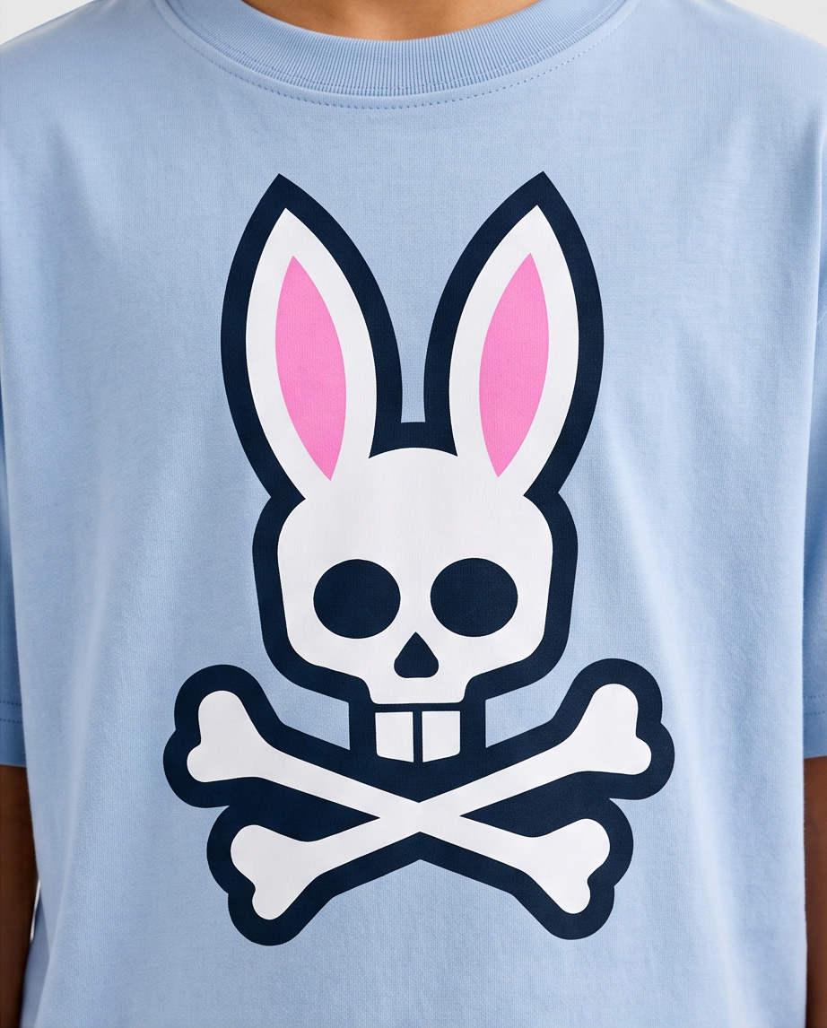 Camiseta Psycho Bunny Classic Logo Big Azul Cielo Niños - detalle estampado macro