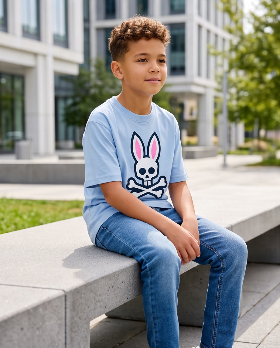 Camiseta Psycho Bunny Classic Logo Big Azul Cielo Niños - modelo sentado exterior