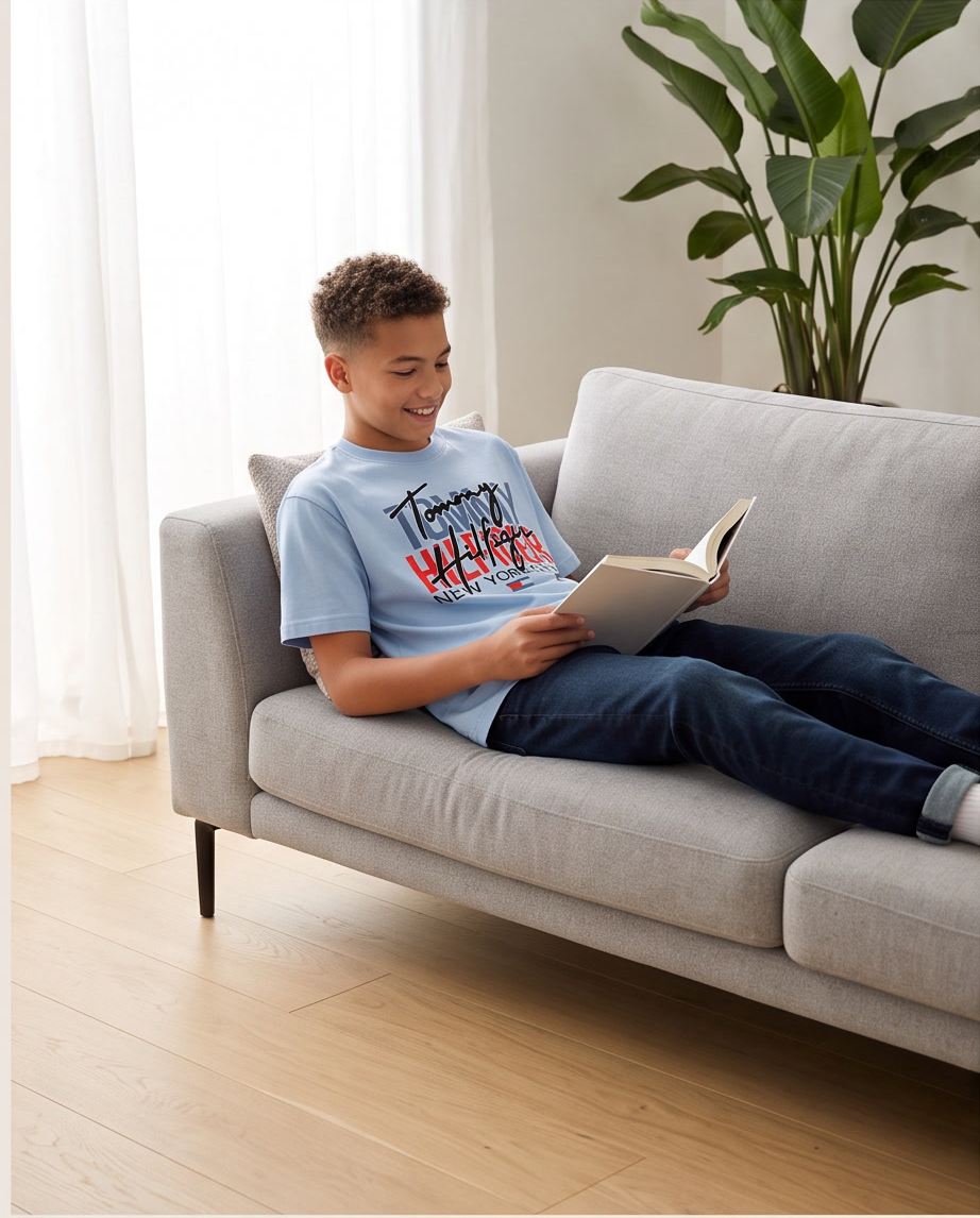 Camiseta Tommy Hilfiger NYC Script Layered Azul Cielo Niños - modelo sofá leyendo