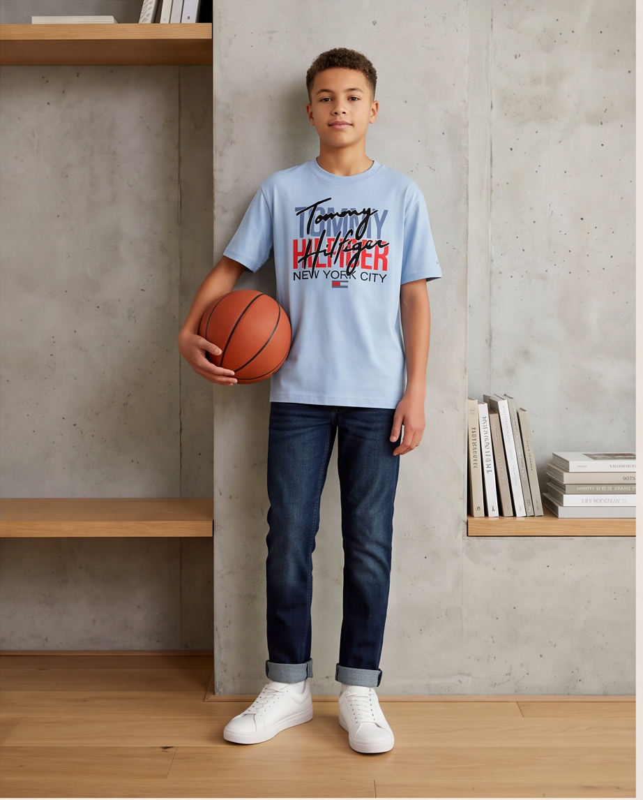 Camiseta Tommy Hilfiger NYC Script Layered Azul Cielo Niños - modelo cuerpo completo balón