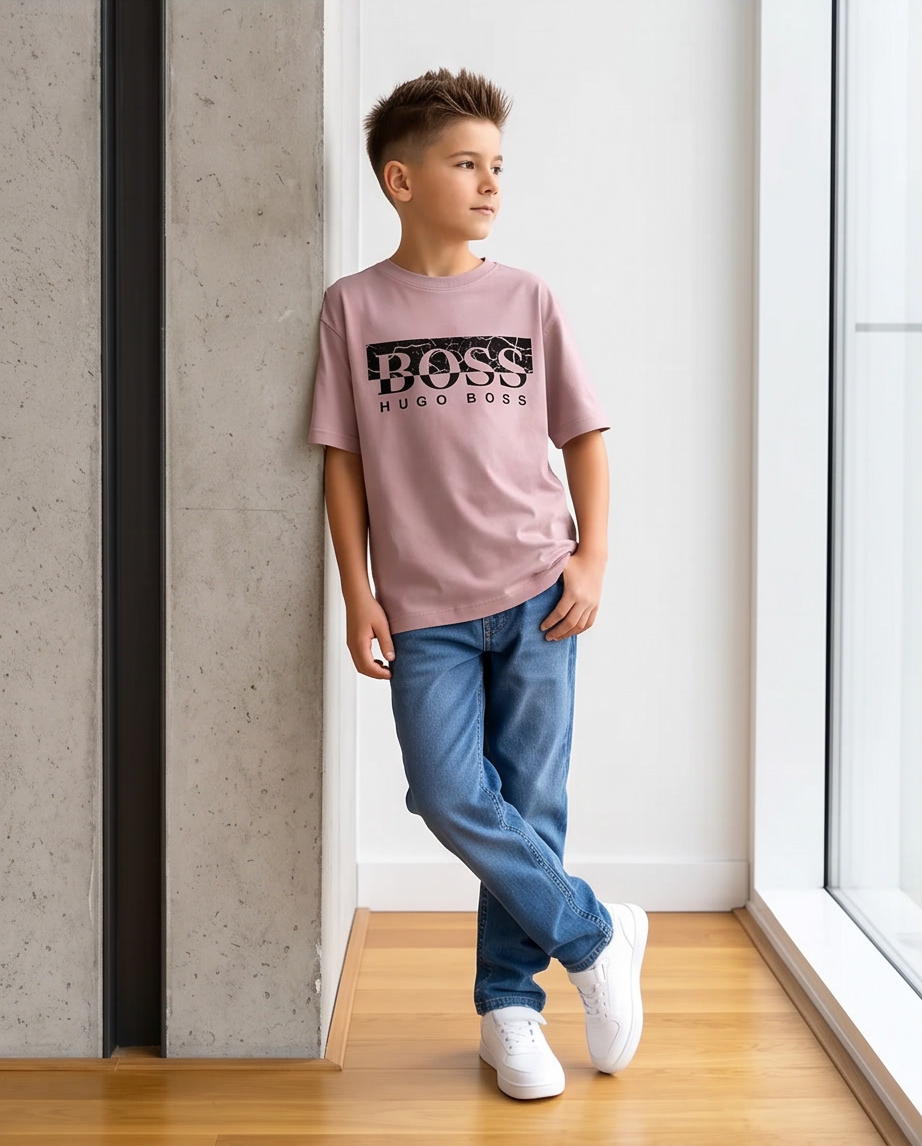 Camiseta Hugo Boss Marble Box Logo Rosa Palo Niños - modelo recostado ventana