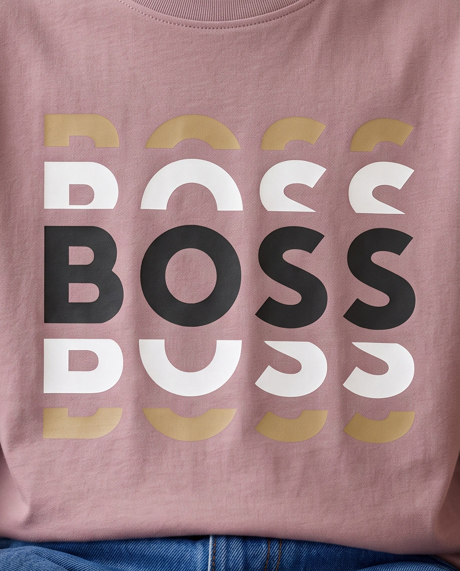 Camiseta Hugo Boss Triple Stack Logo Rosa Palo Niños - detalle estampado macro stack
