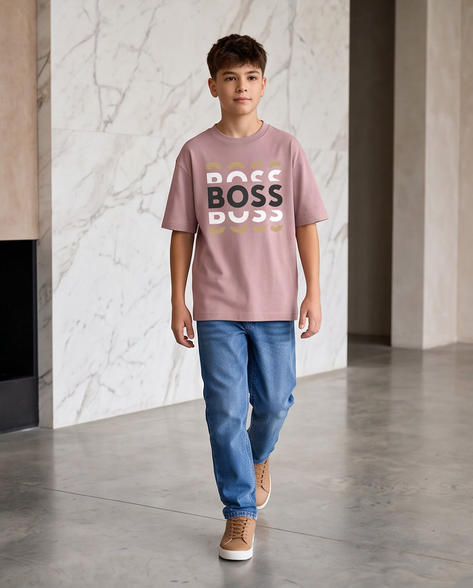 Camiseta Hugo Boss Triple Stack Logo Rosa Palo Niños - modelo caminando mármol
