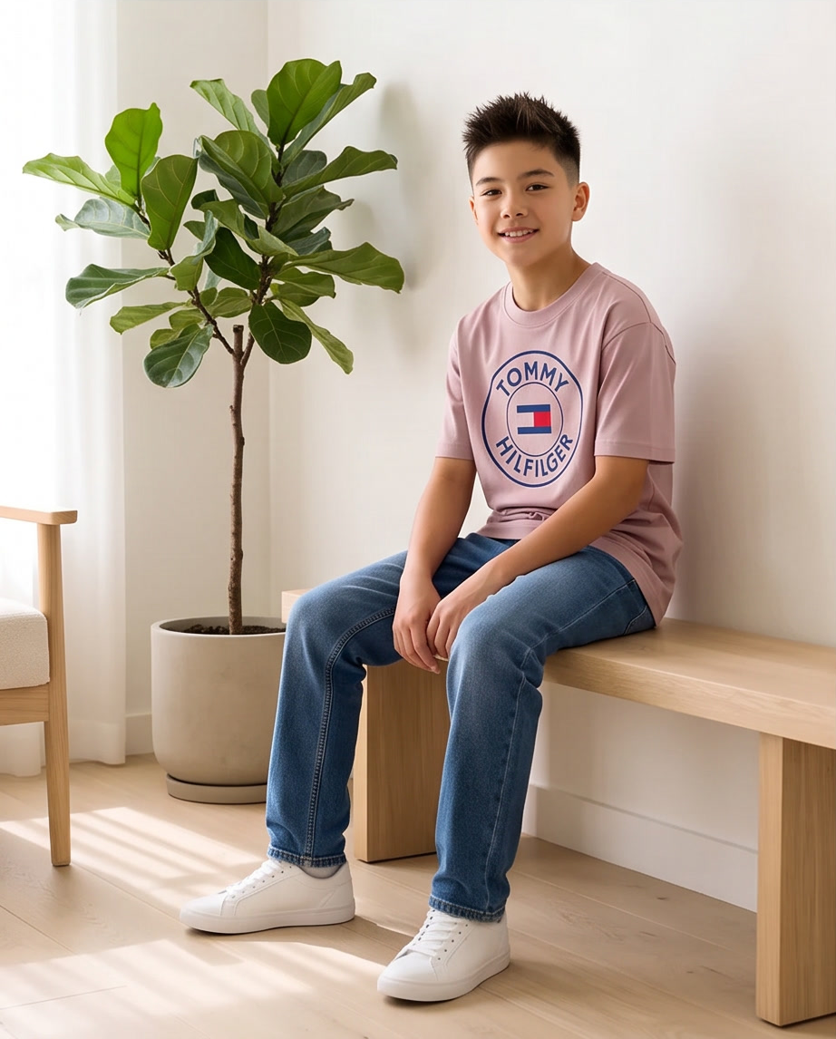 Camiseta Tommy Hilfiger Circle Flag Rosa Palo Niños - modelo sentado banco interior