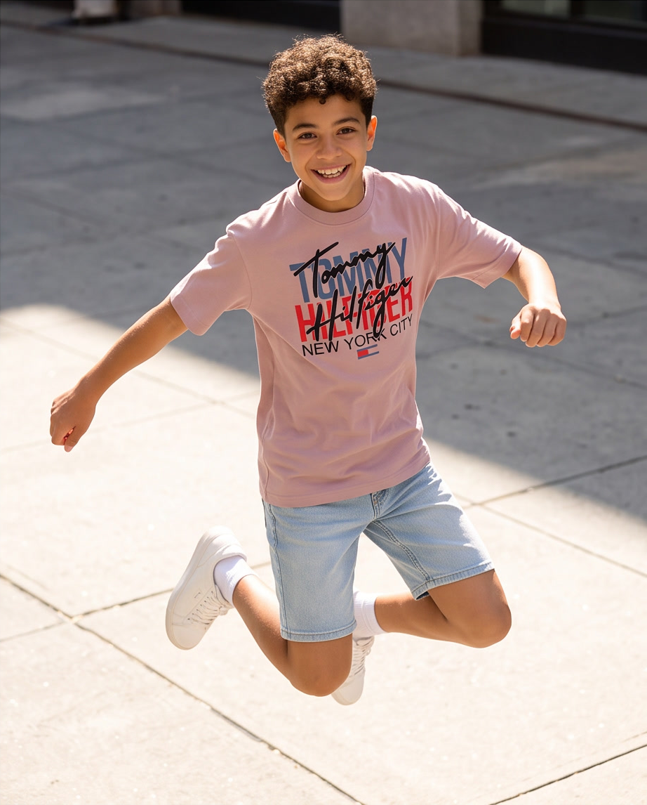 Camiseta Tommy Hilfiger NYC Script Overlap Rosa Palo Niños - modelo saltando calle NYC