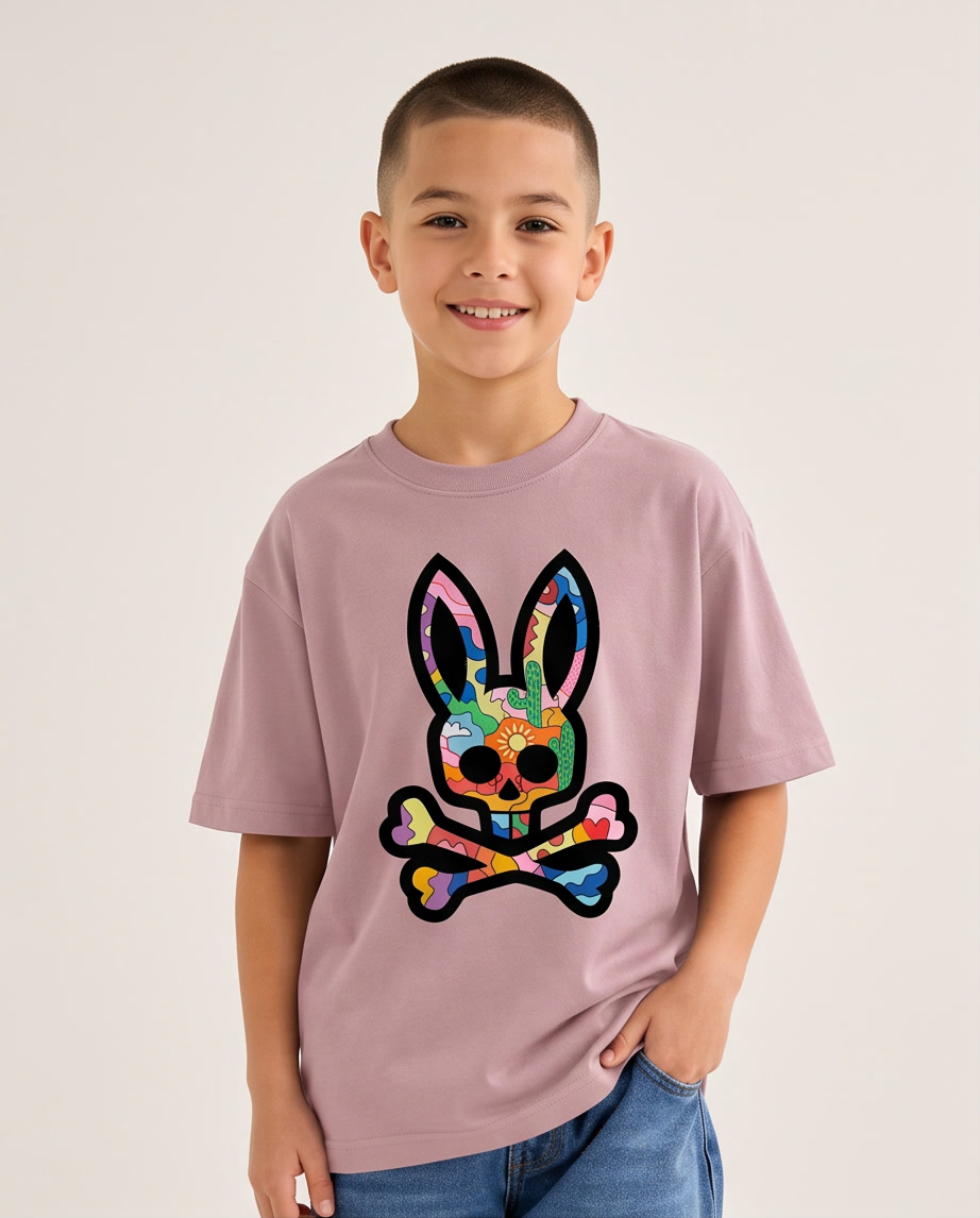 Camiseta Psycho Bunny Desert Pop Art Rosa Palo Niños - modelo frontal fondo blanco