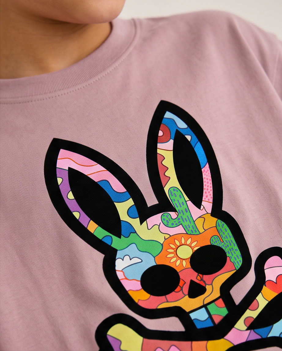 Camiseta Psycho Bunny Desert Pop Art Rosa Palo Niños - modelo sentado sillón cámara