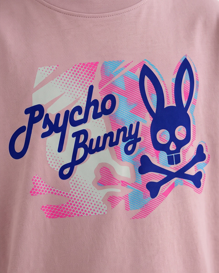 Camiseta Psycho Bunny Camo Halftone Script Rosa Palo Niños - modelo lateral sala