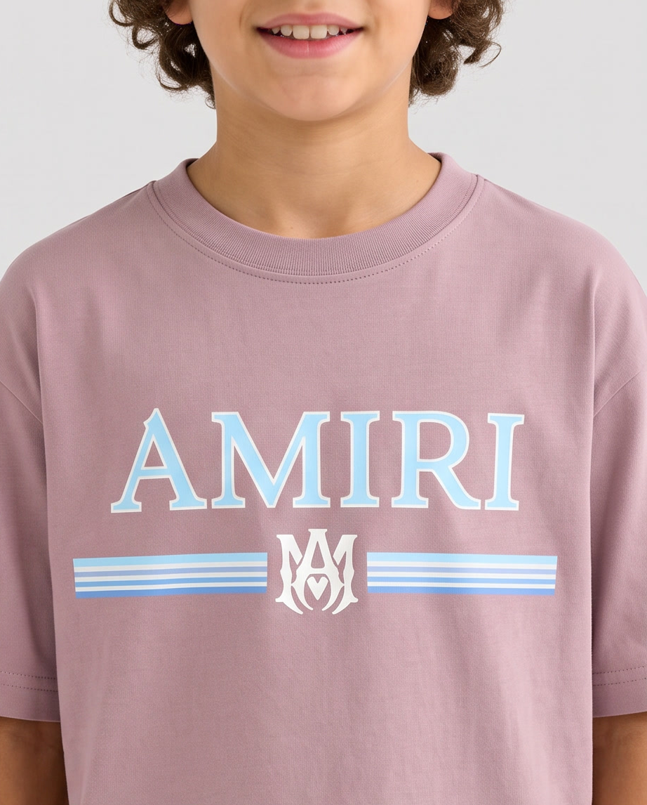 Camiseta Amiri College Stripe Rosa Palo Niños - detalle estampado macro