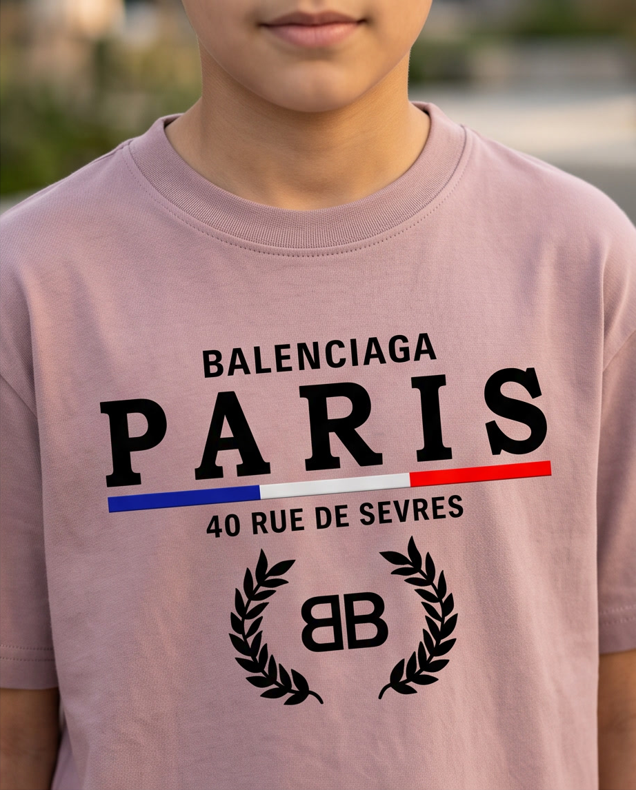 Camiseta Balenciaga Paris 40 Rue de Sèvres Rosa Palo Niños - modelo caminando exterior