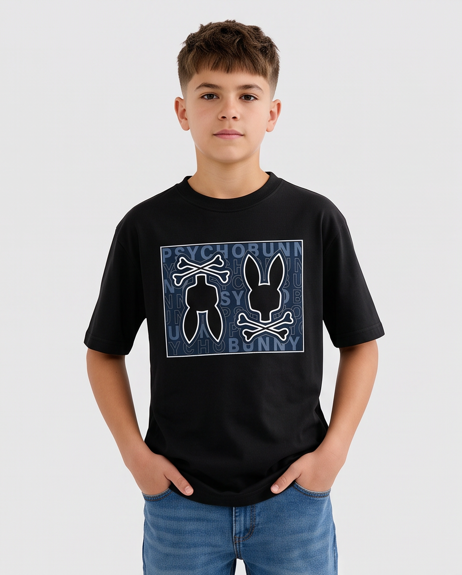 Camiseta Psycho Bunny Double Skull Box Wordmark Azul Acero Negra - modelo frontal