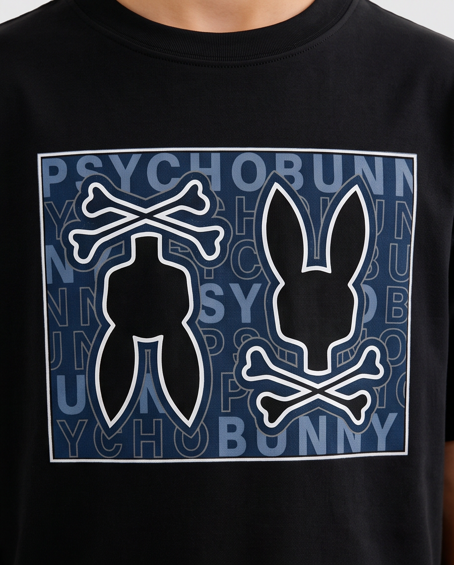 Camiseta Psycho Bunny Double Skull Box Wordmark Azul Acero Negra - detalle estampado