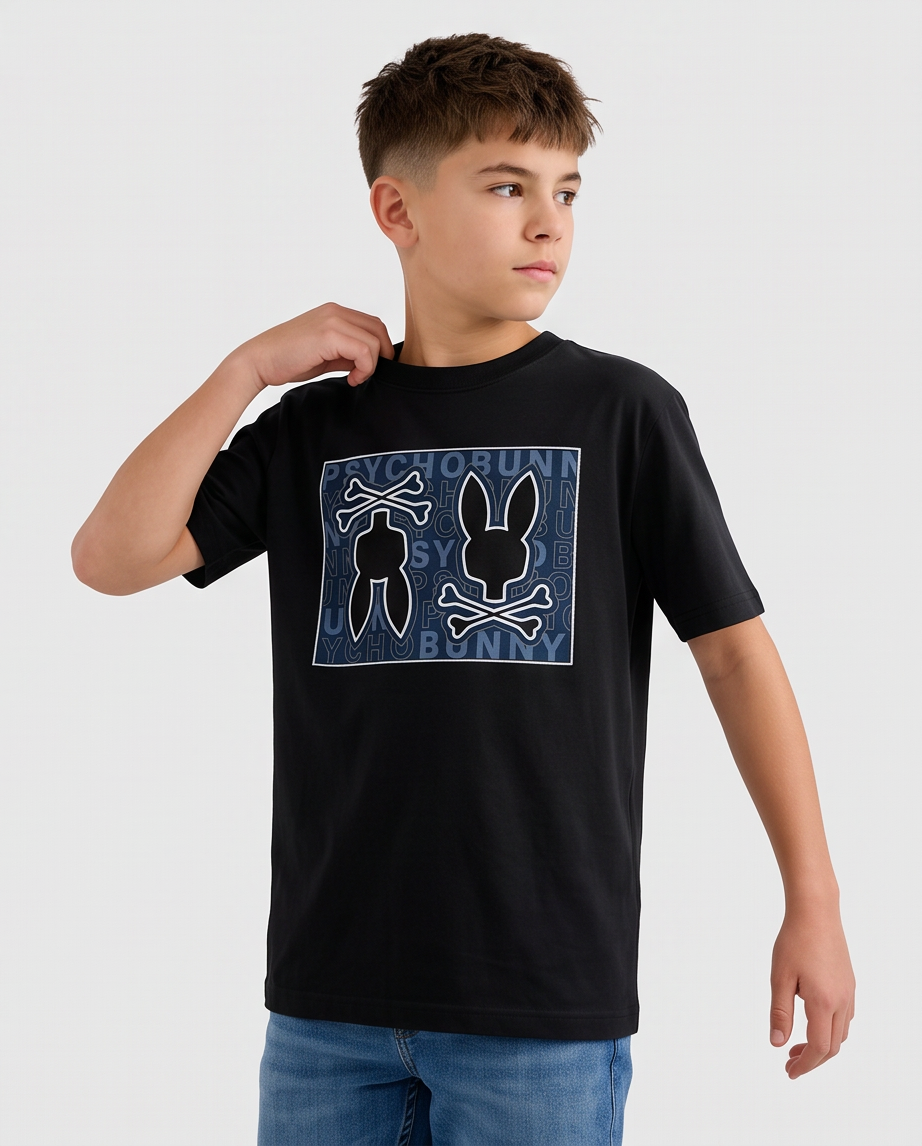 Camiseta Psycho Bunny Double Skull Box Wordmark Azul Acero Negra - modelo de pie