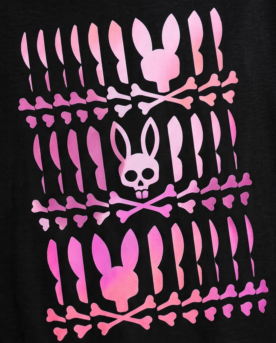 Camiseta Psycho Bunny Skull Bunny Pattern Rosa Degradado Negra Niño - vista frontal