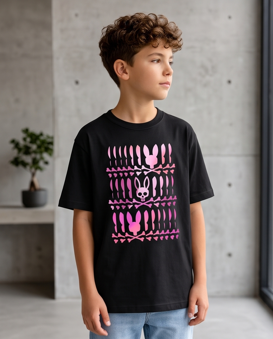 Camiseta Psycho Bunny Skull Bunny Pattern Rosa Degradado Negra - detalle estampado