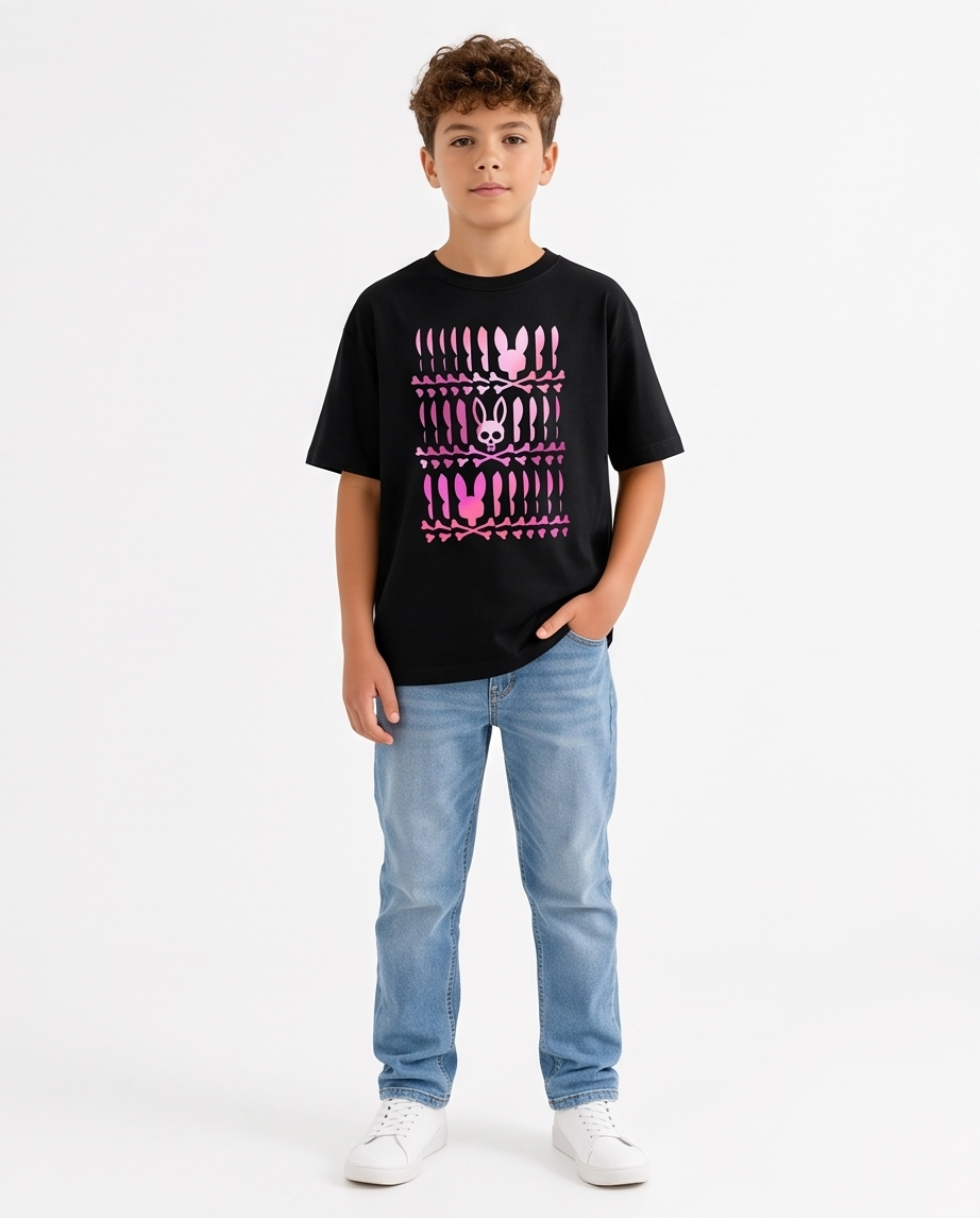 Camiseta Psycho Bunny Skull Bunny Pattern Rosa Degradado Negra Niño - modelo de pie
