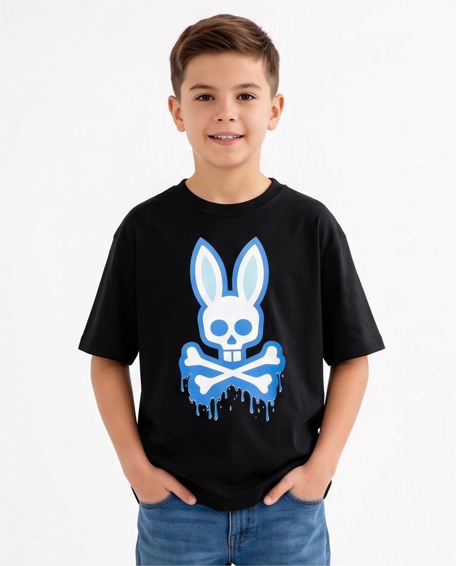 Camiseta Psycho Bunny Skull Bunny Drip Azul Eléctrico - detalle estampado