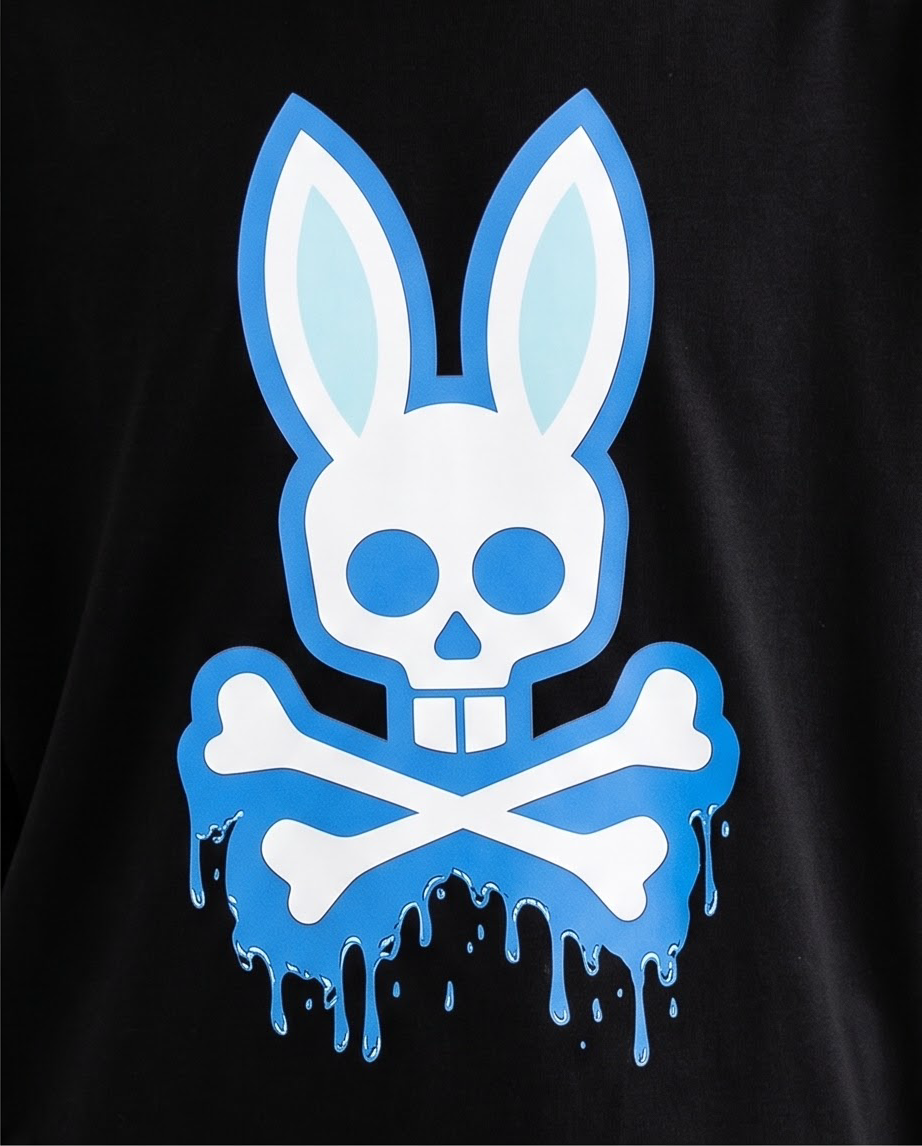 Camiseta Psycho Bunny Skull Bunny Drip Azul Eléctrico Negra Niño - modelo lateral