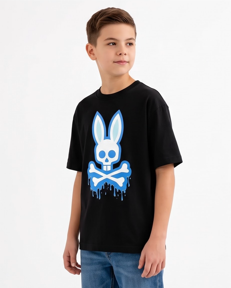 Camiseta Psycho Bunny Skull Bunny Drip Azul Eléctrico Negra Niño - modelo frontal cuerpo completo