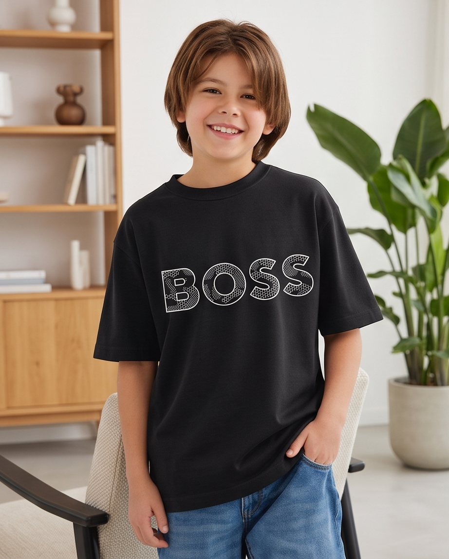Camiseta Hugo Boss Logo Honeycomb Negra Niño - modelo sonriendo