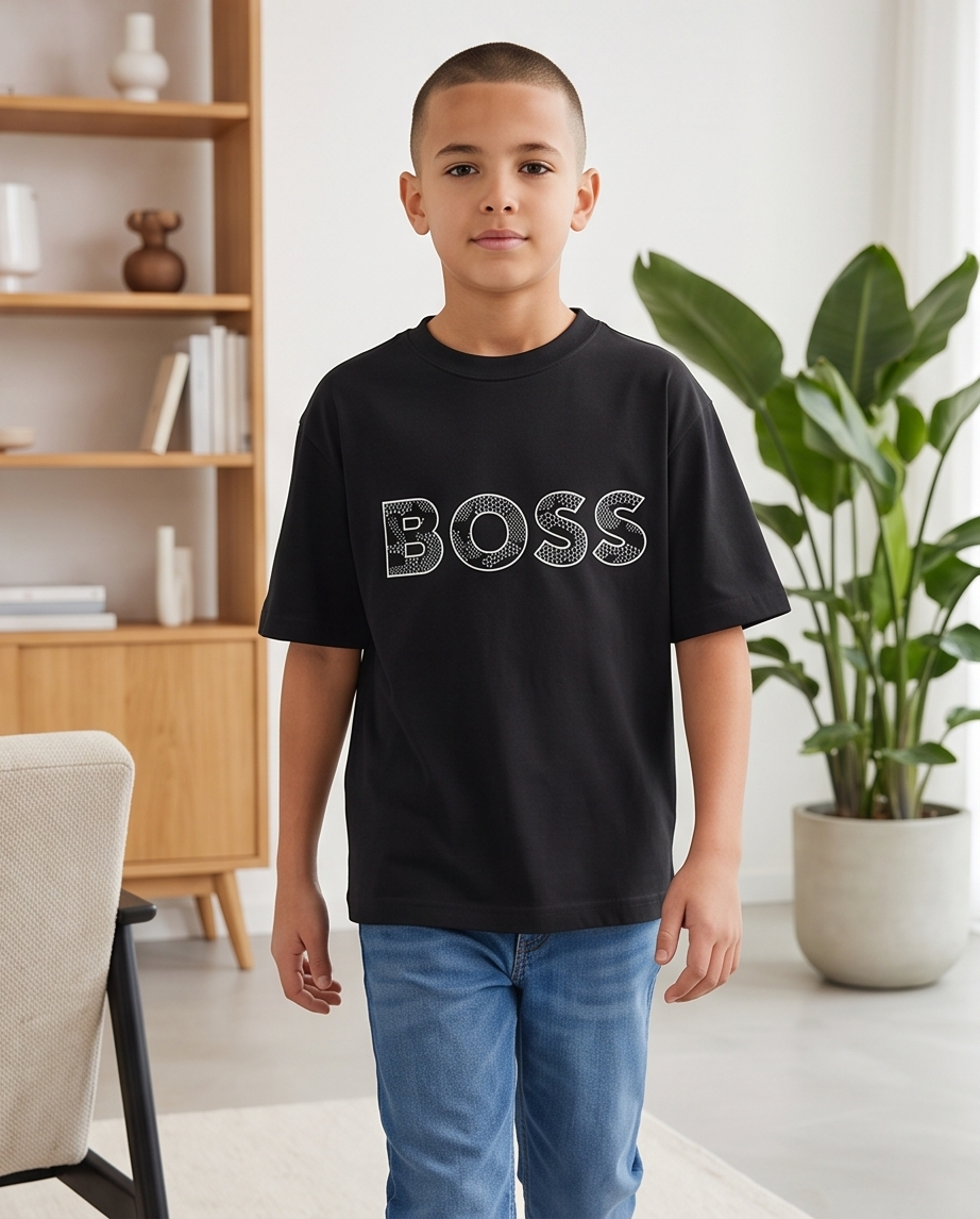 Camiseta Hugo Boss Logo Honeycomb Negra Niño - modelo cuerpo completo