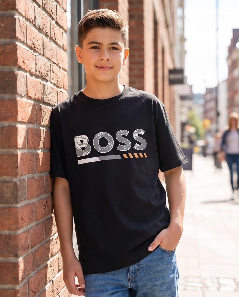 Camiseta Hugo Boss Logo Cracked Gris Dorado Negra Niño - modelo calle ladrillo