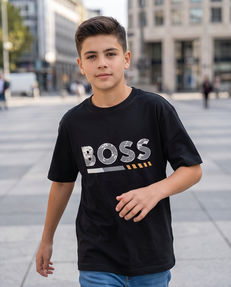 Camiseta Hugo Boss Logo Cracked Gris Dorado Negra Niño - modelo plaza