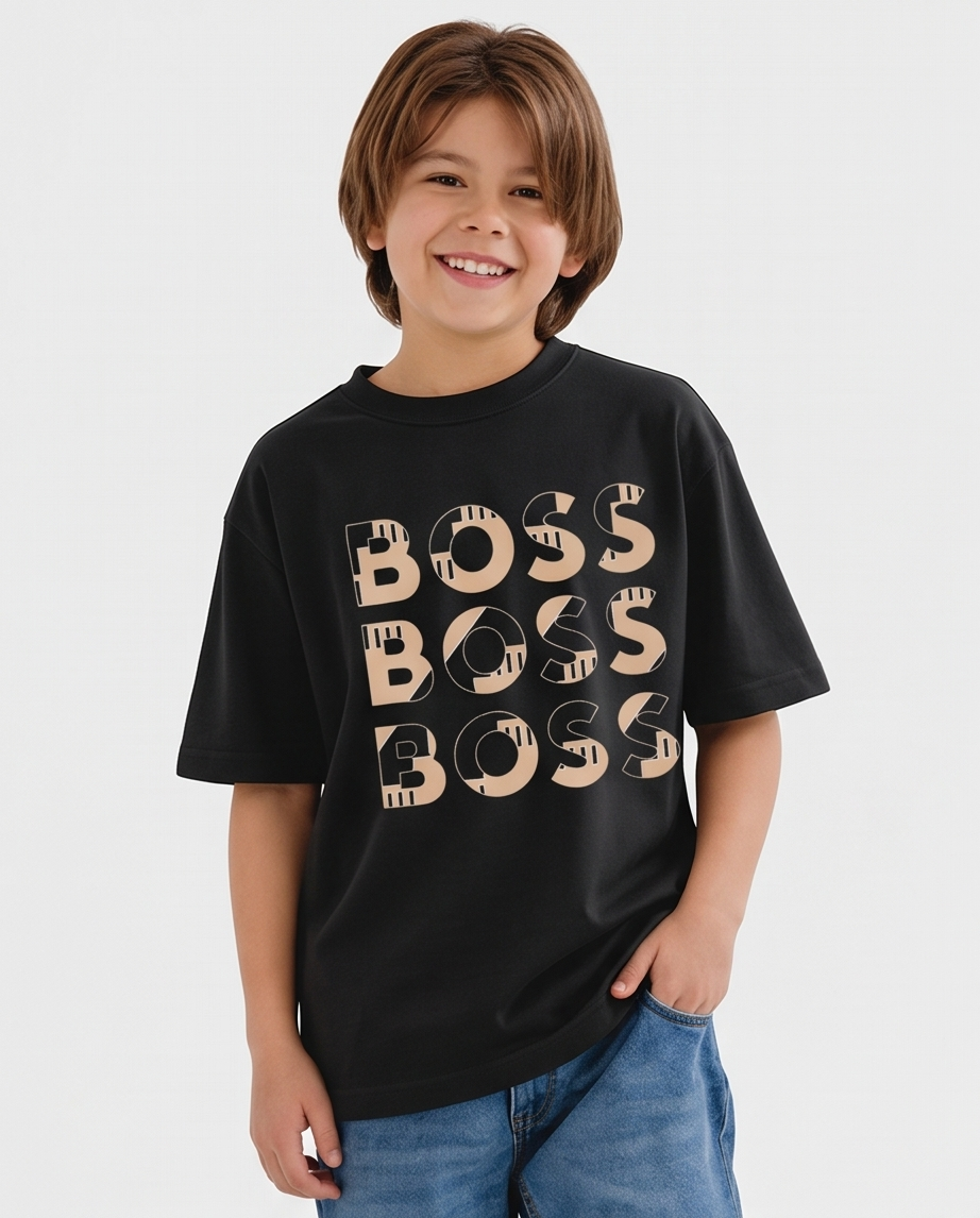 Camiseta Hugo Boss Triple Logo Beige Negra Niño - modelo frontal
