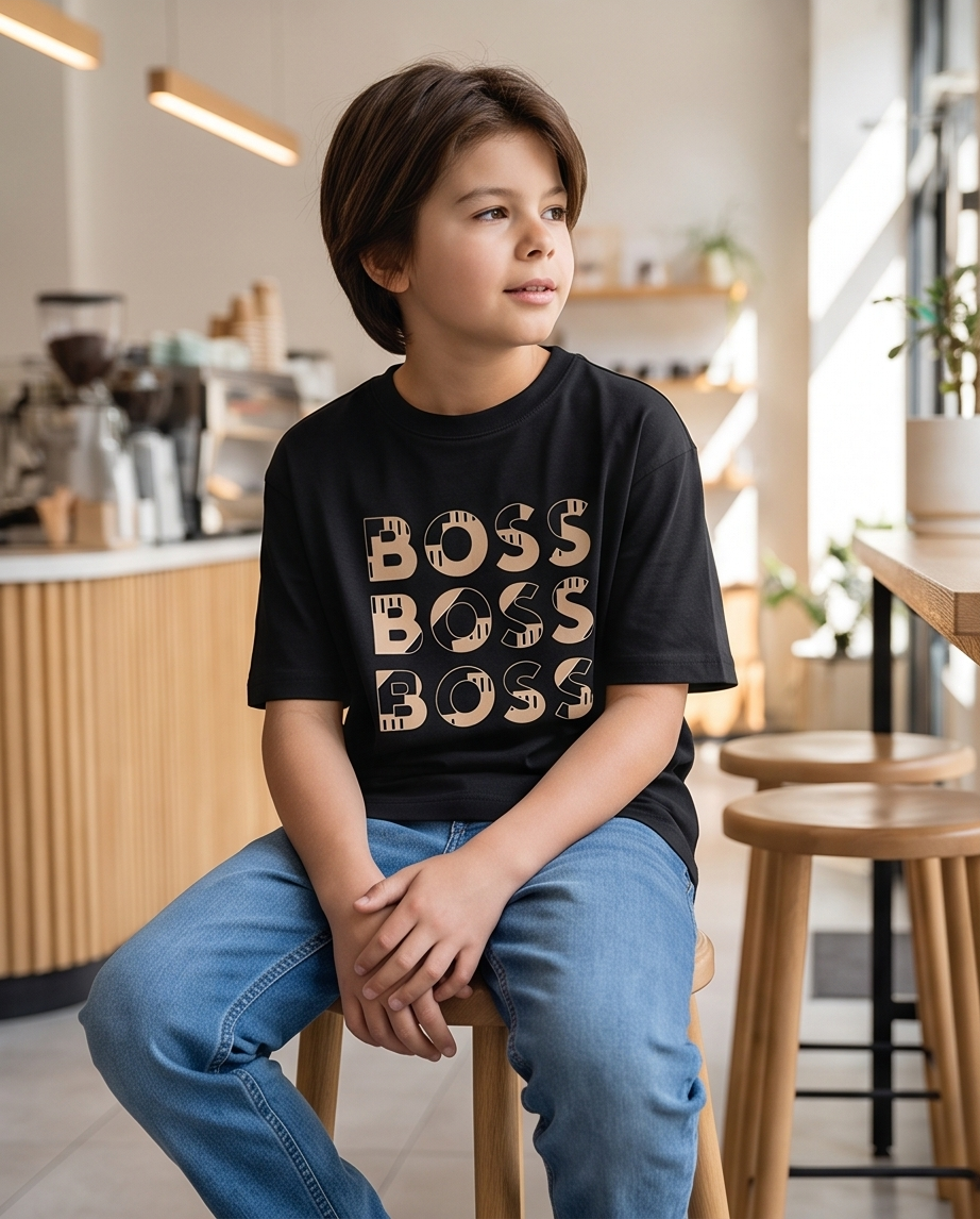 Camiseta Hugo Boss Triple Logo Beige Negra Niño - modelo sentado
