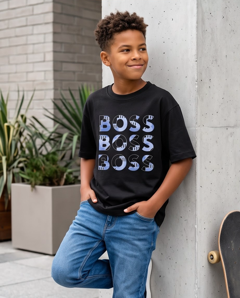 Camiseta Hugo Boss Triple Logo Camo Azul Negra Niño - modelo skate