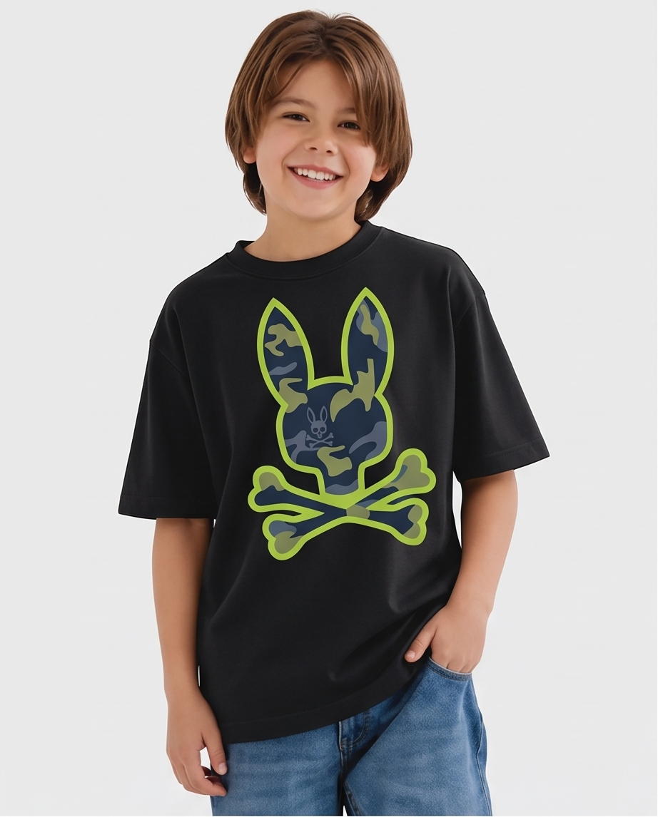 Camiseta Psycho Bunny Skull Bunny Camo Neon Verde - modelo frontal fondo gris