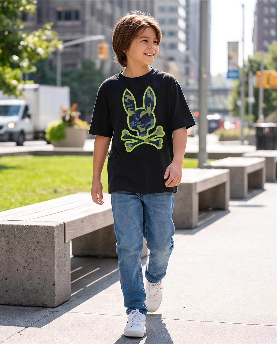 Camiseta Psycho Bunny Skull Bunny Camo Neon Verde Negra Niño - modelo calle
