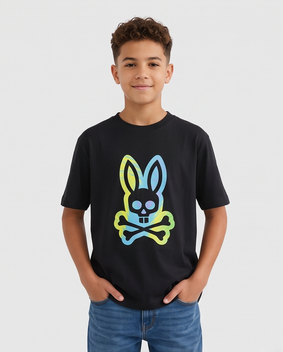 Camiseta Psycho Bunny Skull Bunny Tie Dye Azul Amarillo - modelo frontal fondo blanco