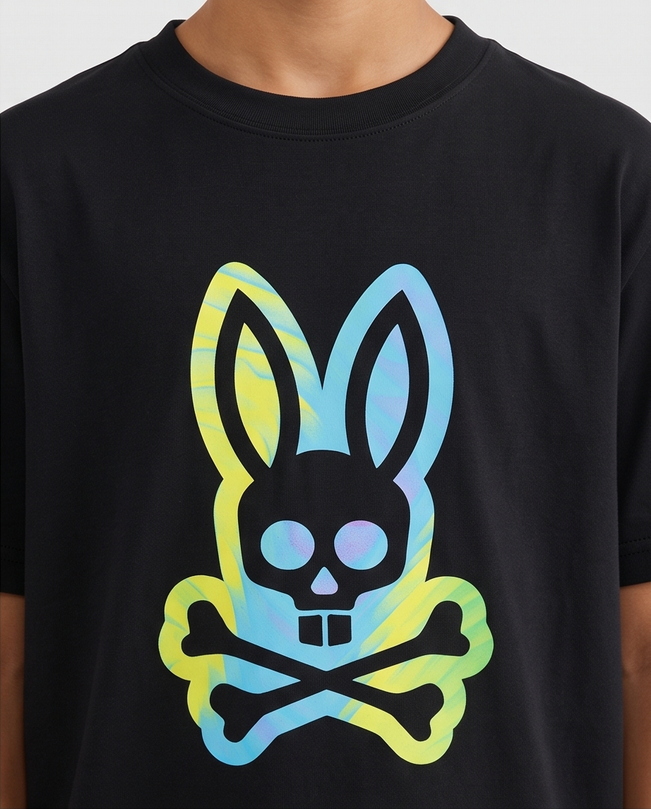 Camiseta Psycho Bunny Skull Bunny Tie Dye Azul Amarillo - detalle estampado