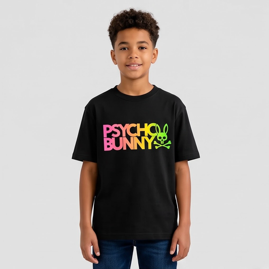 Camiseta Psycho Bunny Logo Degradado Neon Multicolor - detalle estampado close-up
